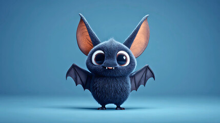 Adorable cartoon baby bat with large eyes and wings spread on a blue background