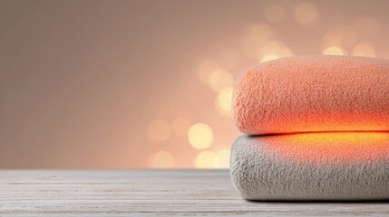 Soft and Cozy Towels Stacked on a Wooden Surface with a Warm Background Blurred Bokeh Effect