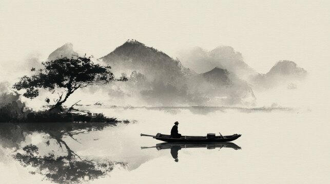 Peaceful landscape with fisherman