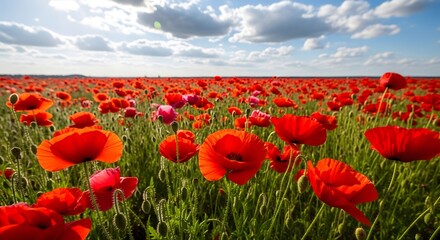 Fototapeta premium Vibrant wildflower landscape with blooming red poppies under blue sky for nature posters
