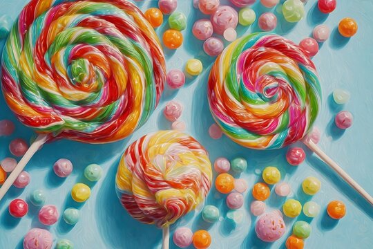 Colorful lollipops with candy balls on a blue background.