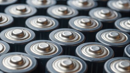 Obraz premium Close-up view of numerous batteries arranged in a grid pattern, showcasing their metal tops and cylindrical shapes.