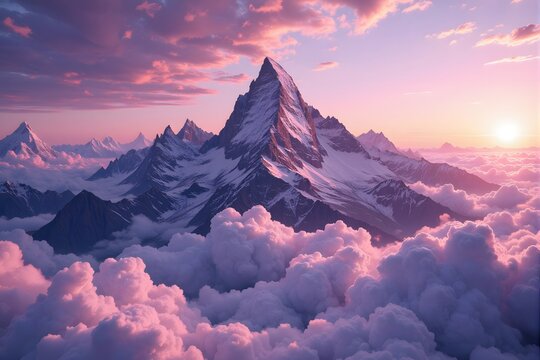 Majestic snow-capped peak piercing through fluffy pink clouds at sunset.