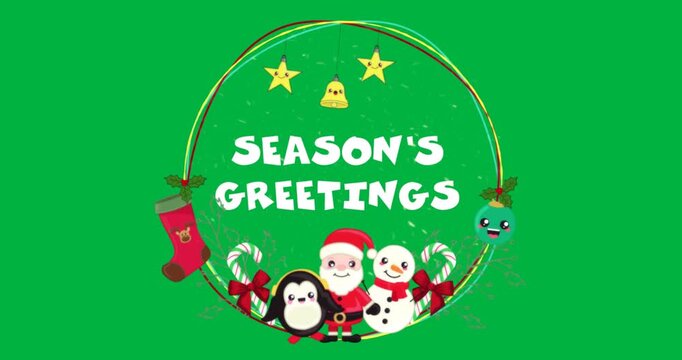 Designers creating holiday marketing wreath with penguin, Santa, snowman on transparent background