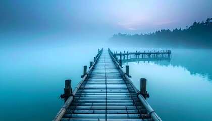 Obraz premium Serene wooden pier extending over tranquil misty lake, evoking peace and solitude, perfect for travel and relaxation concepts