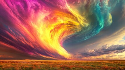 A colorful tornado with vibrant colors, creating an enchanting and surreal atmosphere over the vast prairie landscape.