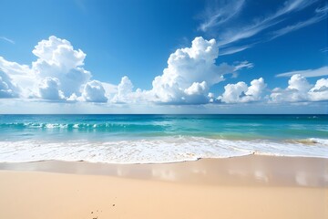 Clear blue sky, white clouds, calm ocean waves, sandy beach, bright sunlight.