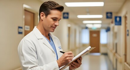 Medical professional in hospital corridor writing on clipboard for patient care documentation