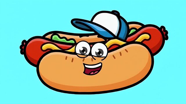 Cartoon Hotdog Character Wearing Cap with Happy Expression on a Blue Background