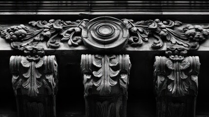 Architectural Detail: Intricate Stone Carving in Black and White