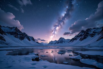 Snow-covered mountains under starry night sky with Milky Way galaxy.