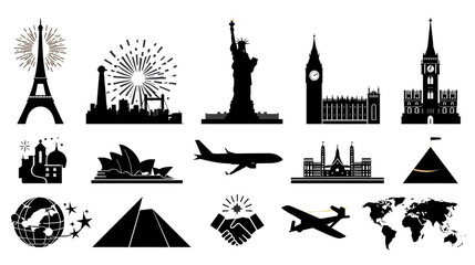 Black silhouette illustrations featuring global landmarks planes and world map on white