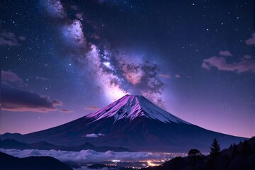 Majestic mountain under starry night sky.
