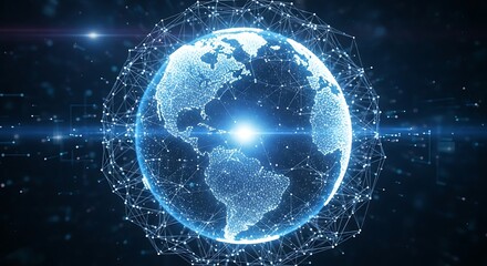 Obraz premium A luminous, detailed representation of Earth, showcasing its interconnected digital network against a dark backdrop.