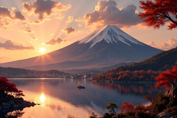 Majestic Mount Fuji reflects beautifully on the calm lake at sunset.