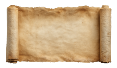 Old vintage parchment scroll with textured paper and rolled edges isolated on a transparent background. Perfect for historical themes