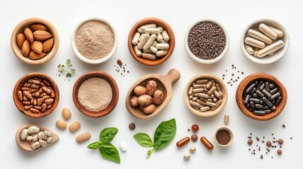 Obraz premium Assorted Nuts, Seeds, and Spices in Wooden Bowls for Healthy Cooking