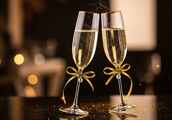 Elegant celebration with champagne flutes and sparkling bokeh for party design