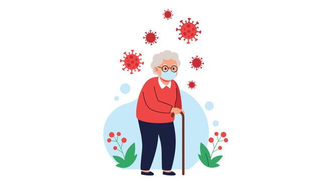 Elderly person wearing a mask and using a cane surrounded by virus particles representing the risk of infection.