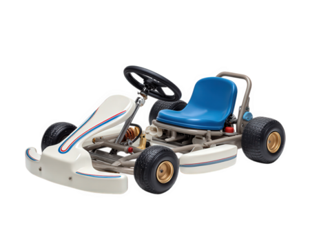 White go kart with blue seat, gold wheels, and detailed design, photo realistic style, isolated on transparent background, playful and cute appearance