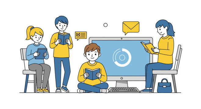 Students collaboratively learning, reading books and using digital resources. - Powered by Adobe