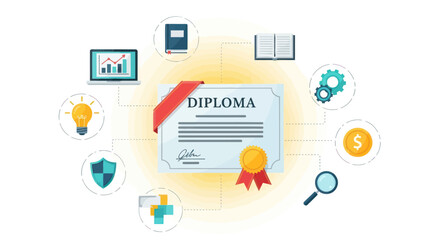 A diploma certificate surrounded by icons representing concepts of education, success, and achievement.