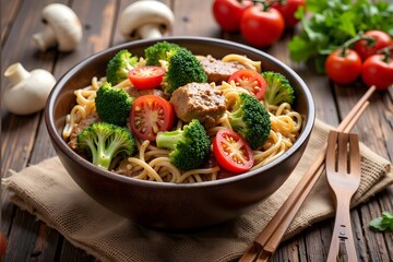 Noodles with vegetables, meat, and sauce in a wooden bowl.