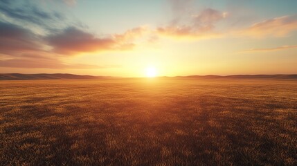 a golden wheat field at sunset, glowing sunlight casting long shadows, sun low on the horizon,