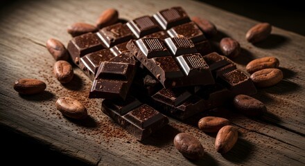 Dark chocolate bars with cacao beans on rustic wooden table, perfect for autumn dessert recipes