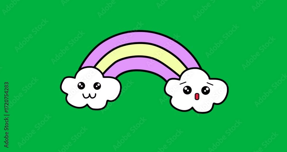 Poster two cloud characters floating on transparent canvas, showing pastel rainbow link for tech design