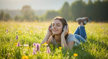 Young woman relaxing with headphones in a sunlit meadow surrounded by wildflowers