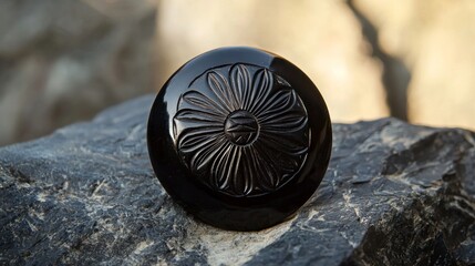 Intricate Black Obsidian Stone Carving with Floral Design on Rock.