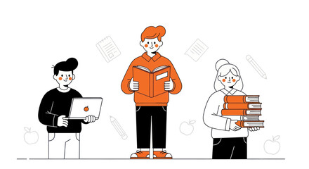 Three students engaged in various academic activities, including reading, studying, and using a laptop.