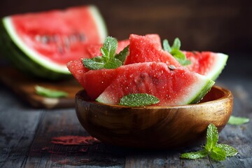 Fresh watermelon slices in a wooden bowl with mint leaves.