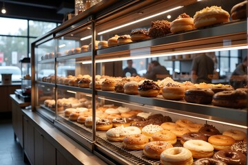 Freshly baked donuts on display in a modern bakery.