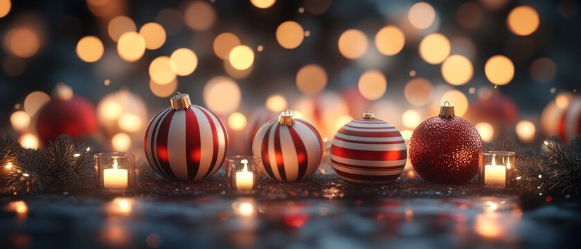 Festive Christmas Baubles with Candles and Bokeh Lights