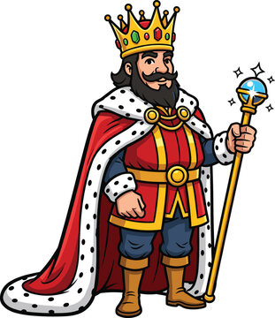 Cartoon king holding golden scepter, wearing jeweled crown and red robe, regal beard character vector for royalty and fantasy themes