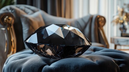 A Luxurious Black Diamond Resting on a Plush Velvet Ottoman