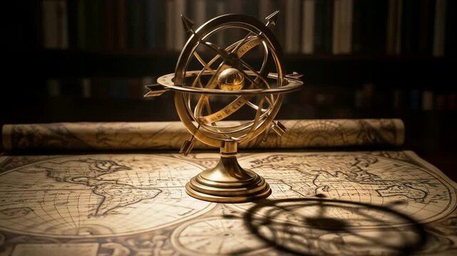 Discovering Ancient Worlds: Turning Armillary Sphere Reveals Vintage Map. A Journey Through Time and Exploration.