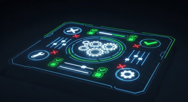 Futuristic interface panel displaying gears and settings on a dark surface with neon accents