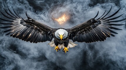a majestic bald eagle in flight, wings fully extended, talons outstretched as if preparing to strike, intense focused eyes, sharp yellow
