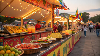 Vibrant outdoor food stalls at a festival with diverse dishes and string lights full hd 4k stock image download