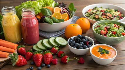 Assortment of fresh fruits vegetables and healthy drinks on wooden table full hd 4k stock image download