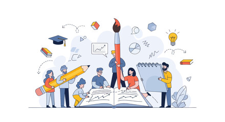 A diverse team collaborates on a creative project, brainstorming around a giant open book with educational icons.