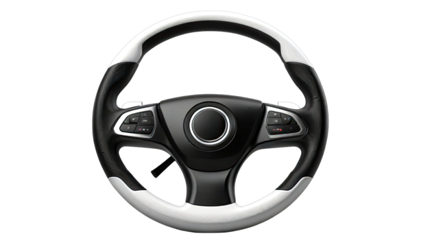 Close-up of a car steering wheel, black center with white rim.  Features controls