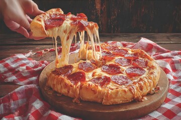 Pepperoni pizza with melted cheese on a wooden board.