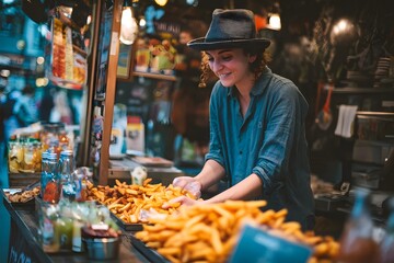 A smiling vendor sells fries at a busy street stall.