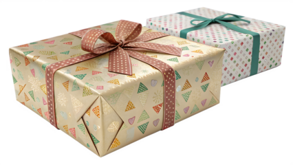 Two realistic 3d gift boxes with patterned wrapping paper and ribbons full hd 4k stock image download
