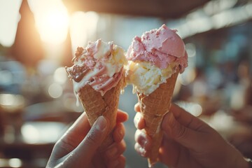 Hands holding ice cream cones in a sunny outdoor setting.