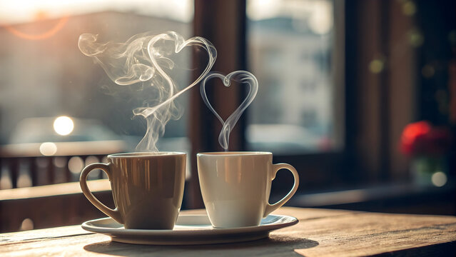 Two coffee cups steaming with heart shaped smoke on a wooden table full hd 4k stock image download